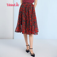特尚萊菲 半身裙女雪紡年春夏裝新款韓版玫瑰雪紡碎花百褶半裙中長(cháng)款裙子 WWH8101 紅色 M(1尺9-2尺1)