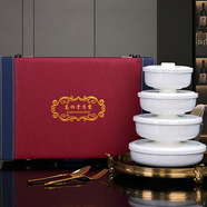 國玥純白骨瓷蒸蛋碗家用陶瓷釉下彩蛋羹碗帶蓋上班飯盒保溫蒸飯碗蓋碗 純白宮庭蓋碗4件送4小勺皮箱裝