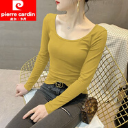 皮爾卡丹（pierre cardin）莫代爾打底衫女2024新款低領(lǐng)內(nèi)搭U領(lǐng)長袖t恤春秋韓版修身顯瘦上衣 黃色【單件裝】 L 【110-120斤】