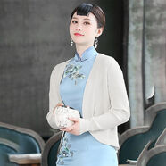 新品旗袍披肩新款春秋日常復古短外套長(cháng)袖開(kāi)衫配旗袍外搭修身女短款披肩 米白 均碼 90-140斤