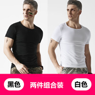 簡束 短袖T恤男純色棉質(zhì)t恤夏季休閑運動緊身t恤男圓領(lǐng)修身打底汗衫潮 黑色+白色（兩件裝） XL （70kg左右）