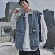 宇項春秋季牛仔夾克外套男韓版寬松無(wú)袖馬夾背心潮流ins工裝坎肩馬甲 藍色 2XL