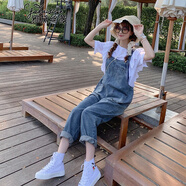 雅黛絲薇 背帶牛仔褲套裝女2021夏季新款韓版學(xué)生寬松高腰顯瘦吊帶連體九分直筒褲小個(gè)子洋氣減齡休閑褲 牛仔藍(lán) M