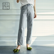 美洋（MEIYANG）翻篇牛仔褲女夏季薄款不對稱(chēng)開(kāi)叉復古高腰顯瘦九分褲休閑百搭長(cháng)褲 淺水藍 M