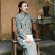 亂在江南新款中式印花改良旗袍裙春秋女裝氣質(zhì)優(yōu)雅立領(lǐng)盤(pán)扣連衣裙 圖片色 里布 L