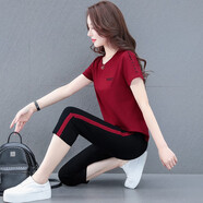 牧思特t恤女短袖女裝夏裝休閑套裝女夏季新品女士上衣大碼女裝圓領(lǐng)衣服運動(dòng)服韓版寬松七分褲夏天 7973棗紅衣+黑褲 L
