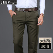 JEEP SPIRIT棉質休閑褲男春夏款寬松直筒商務休閑抗皺免燙彈力西裝褲子男 LC6017軍綠 春秋款 34 （2尺6）
