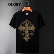 OLOEY 樂樂兔香港潮牌歐美個性燙鉆短袖t恤男社會精神小伙潮流大碼半袖夏 8825黑色 XL（135-150斤）