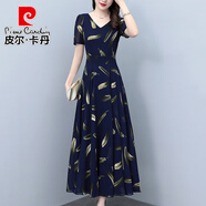 皮爾卡丹高檔女裝雪紡碎花連衣裙2025夏季新款中年收腰顯瘦氣質(zhì)長裙子 藏青色 XL