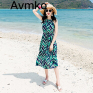 Avmko顯瘦小個(gè)子吊帶沙灘裙海邊度假中長(zhǎng)波西米亞條紋印花雪紡連衣裙 綠色 2XL