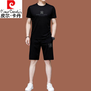 皮爾卡丹品牌休閑運動(dòng)套裝男士短袖t恤夏季冰絲男裝一套潮流圓領(lǐng)男兩件套 38121黑色短袖短褲 兩件套 3XL 185