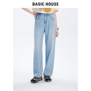 BASIC HOUSE/百家好女裝秋新款寬松直筒休閑百搭褲高腰牛仔褲女 淺藍(lán)（夏季） 薄款 XL