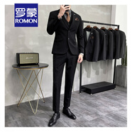 羅蒙（ROMON）輕熟風(fēng)休閑大碼西服套裝男韓版修身兩?？廴淄ㄇ谏虅?wù)小西裝潮 黑色【西裝+西褲】 XL (建議125-135斤內(nèi))