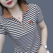女士t恤短袖夏季2024新款時(shí)尚中年polo衫氣質(zhì)淑女潮流洋氣小衫 拉鏈領(lǐng)條紋卡其色 3XL