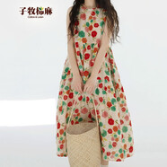 子牧棉麻夏裝 女文藝復古無袖背心裙溫柔風碎花連衣裙子2699 花色 XL(建議120-130斤)