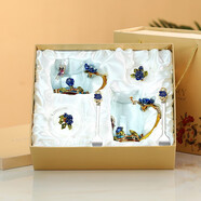 Luxury Flowers創(chuàng)意藍(lán)玫瑰琺瑯彩水杯茶杯歐式玻璃果汁杯套裝家用耐高溫花茶杯送 藍(lán)玫瑰高矮+杯蓋+勺-禮盒 350ml