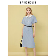 BASIC HOUSE/百家好娃娃領(lǐng)連衣裙女2024夏季新款少女感高端洋氣減齡中長(cháng)裙女 藍色 M （腰帶僅作為搭配展示）