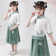 馬櫻紅雨 六一女童漢服中國風唐裝裙子小女孩民國風旗袍裙兒童古裝夏洋氣 綠色套裝【+發(fā)卡】 110 /建議身高100厘米左右
