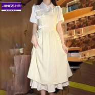 鏡莎新款學(xué)院風(fēng)蝴蝶結(jié)假兩件拼接連衣裙女學(xué)生韓版高腰顯瘦森系初戀裙 套裝連衣裙 均碼【可備注碼數(shù)】