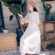 白色蕾絲連衣裙春裝女209新款鏤空中長(cháng)款森女系長(cháng)袖打底裙子春秋 白色 S