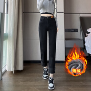 吻璦（wenai）加絨牛仔褲女2025年秋冬季裝新款加厚褲子加絨款秋冬高腰翻邊顯瘦 黑色九分薄絨 XS