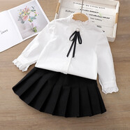 花菈貓童裝女童襯衫春秋裝2023新款花邊打底襯衣中大童長(cháng)袖上衣女孩衣服 花邊襯衫白色+黑色百褶裙 100