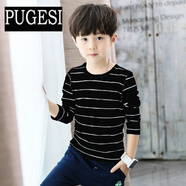 童裝男童長(cháng)袖T恤春秋新款中大童上衣純棉條紋薄款圓領(lǐng)兒童打底衫 黑色 140碼建議身高130-140厘米