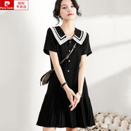 皮爾卡丹（pierre cardin）娃娃領(lǐng)甜美連衣裙夏季新款韓版顯瘦中長裙氣質(zhì)短袖黑色雪紡百褶裙 黑色 L