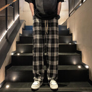至唯美式復(fù)古格子褲子男款夏季直筒寬松潮牌垂感百搭闊腿春秋休閑長褲 DSA017-K620黑白格 XL【推薦125-145斤】