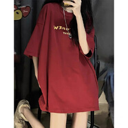 野原琳 oversize純棉七分袖T恤女寬松夏季閨蜜裝上衣服裝半袖體恤ins潮 酒紅色 L