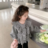 山鷗2025春秋新款女童襯衫洋氣襯衣女寶寶甜美長(cháng)袖韓版上衣外套XMT 花邊格子襯衫黑色 120 cm