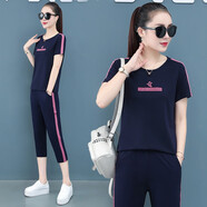 匹卡特（PIKATE）短袖T恤女夏天女裝套裝薄款新款韓版潮流夏季棉休閑寬運(yùn)動(dòng)套裝女 寶藍(lán)+七分褲 4XL