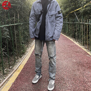 致臻男神美式高街FOG飄帶破洞牛仔褲男ins潮牌褲腳拉鏈炸街直筒修身長褲子 灰色 S