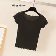Mirza Mirror夏季短袖冰絲針織T恤女修身顯瘦木耳邊高腰短款露肚臍鎖骨上衣薄 黑色 M