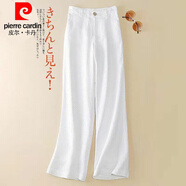 皮爾卡丹（pierre cardin）棉麻闊腿褲女高腰垂感長(cháng)褲亞麻寬松休閑2024新款春夏薄款直筒褲子 白色長(cháng)款 XL:120-130