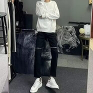 奈加圖美式破洞牛仔褲男春夏季新款潮流高街膝蓋一字拉鏈修身小腳褲子男 黑色 S【建議80-95斤】