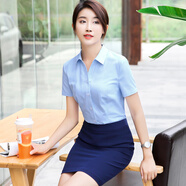 豪耀白色短袖職業(yè)襯衫女職業(yè)裝女裝套裝酒店前臺春夏季襯衣女工作服 藍色襯衫+黑褲 2XL 碼（適合重120-130）