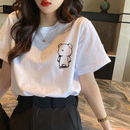 蝗裳一族白小T100%純棉短袖t恤女2024新款夏季學(xué)生韓版寬松半袖上衣服 素描熊-白【100%優(yōu)質(zhì)純棉】 L 【建議105-125斤】