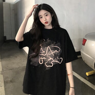 嬌茹妮 美式潮流不一樣班服定做設計感純棉短袖T恤女2022夏季新款撞色字母印花寬松情侶體恤 9020黑色 M