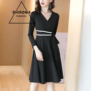 SHIROMA黑色連衣裙中長(cháng)款秋季新款韓版時(shí)尚修身顯瘦小黑裙女 黑色 /九 /分 /袖 S