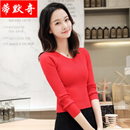 【新品】春秋款羊毛衫女款低領(lǐng)小個(gè)子高腰毛衣女長(zhǎng)袖緊身上衣冬薄針織衫修身打底衫 紅色【9801V領(lǐng)款】 S