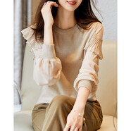 德瑪納【名媛纖絨紗線衫】春秋季圓領(lǐng)淑女針織衫女上衣 杏色 XL 