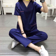 淑樂(lè )斯洗手衣手術(shù)護士服 舒適透氣V領(lǐng)男女同款分體套裝刷手衣牙科工作服 女藏藍色短袖套裝 L