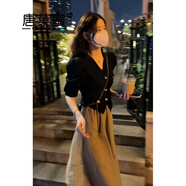唐菓蜜小香風連衣裙女2025夏季新款女裝港風復古泡泡袖收腰顯瘦裙子夏天 黑色上衣 L