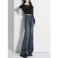 啟動(dòng)引擎（Qidongyinqing）復古水泥灰微喇牛仔褲女高腰秋冬季新款彈力緊身顯瘦馬蹄喇叭褲子 復古藍（長(cháng)褲）單款 XL 【建議120-129斤】