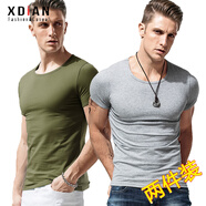 續(xù)點(diǎn) 短袖t恤男圓領(lǐng)夏修身健身緊身運(yùn)動(dòng)韓版休閑棉質(zhì)純色打底彈力汗衫 軍綠色+花灰色 M 碼90-106斤左右修身版型