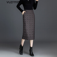 vuzrmm輕奢品牌女裝潮牌時(shí)尚毛呢格子半身裙長(cháng)裙秋冬女包臀中長(cháng)款呢裙子冬筒裙裹裙開(kāi)叉一步裙 格紋 側拉鏈 M2尺/27