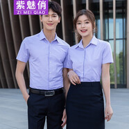 紫魅俏 男女同款短袖襯衫夏季職業(yè)裝商務(wù)正裝寬斜紋襯衣銀行酒店工作服 紫條紋(單件女襯衫) M