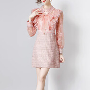 榮西圖（RONGXITU）輕熟小香風(fēng)連衣裙名媛氣質(zhì)時(shí)尚釘珠網(wǎng)紗刺繡減齡修身短裙粉色裙子 粉紅色 XXL