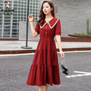 啄木鳥(niǎo)短袖連衣裙女2025新款春夏大碼收腰顯瘦法式蕾絲娃娃領(lǐng)雪紡長(cháng)裙子 酒紅色 【冰絲雪紡】 M 建議90-105斤左右